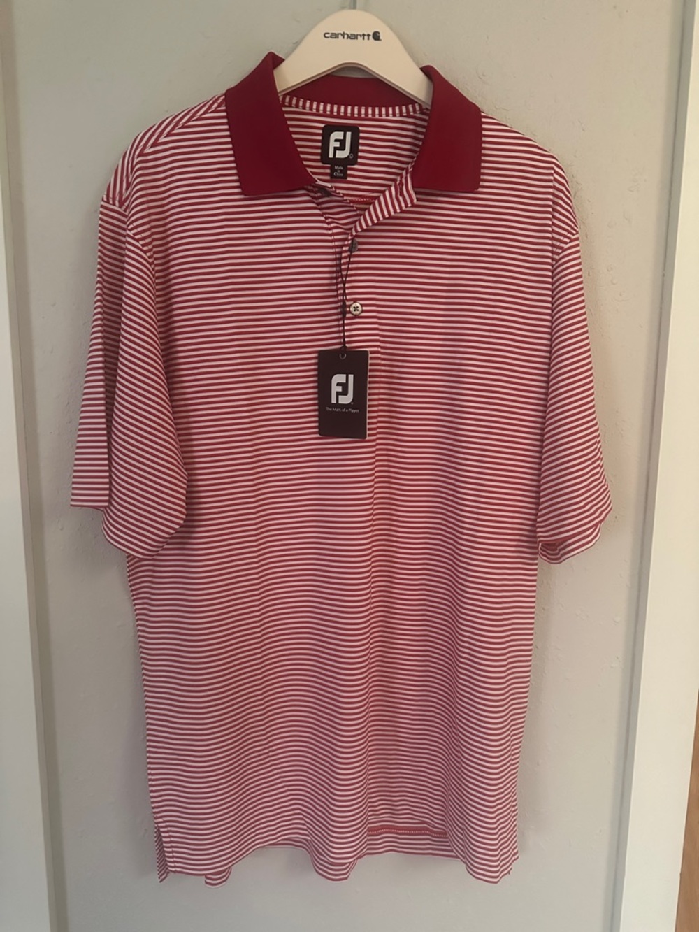 FootJoy Red and White Striped Polo with Solid Red Collar